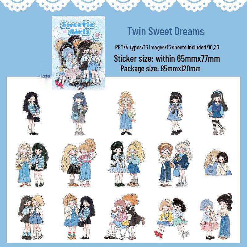 Yi Niao Cute Girl Series Cartoon Character PET Stickers - 15 Sheets, 4 Styles