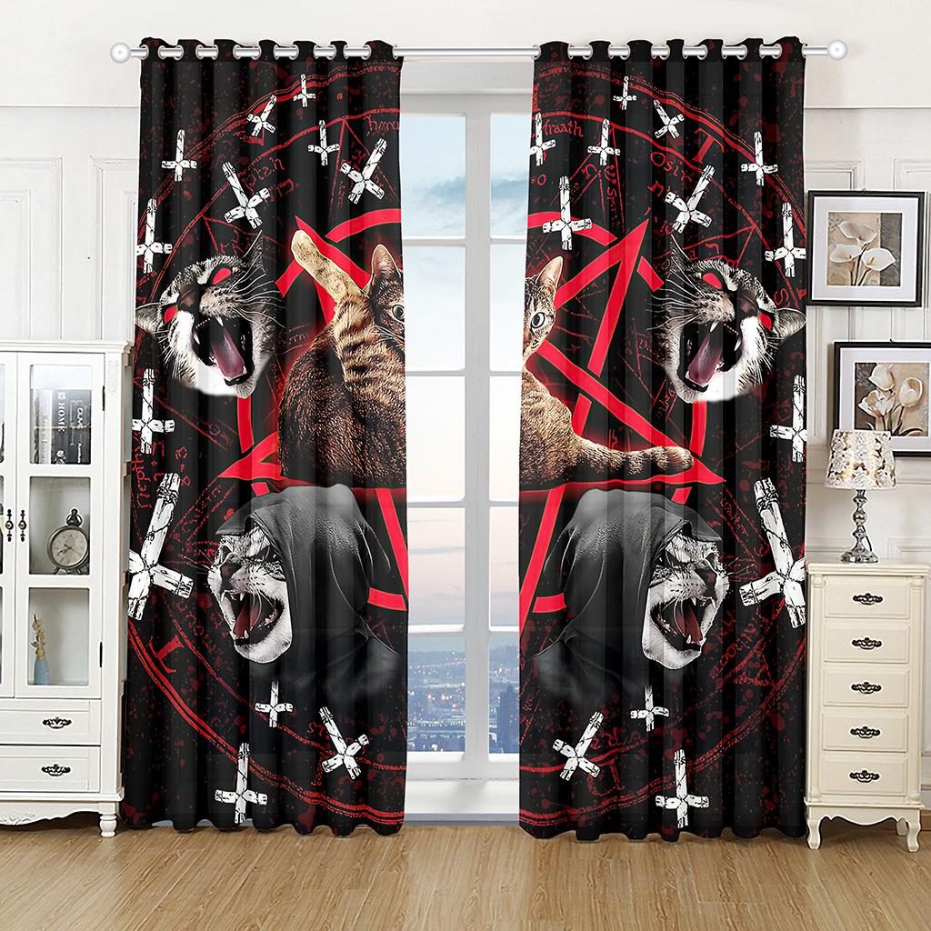3D Satanic Cat Pentagram Death Black Metal Printed Thin Semi-Shading Polyester Window Curtain for Bedroom Guest Living Room Hook