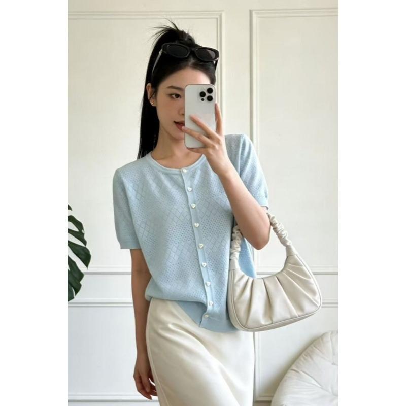 Summer Single-button Knitted Short-sleeved Cardigan for Women, Loose-fitting and Slimming, Unique Small Top