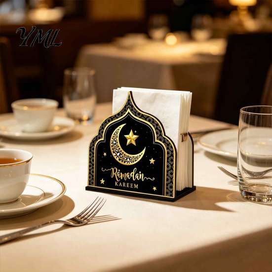 Wooden Tissue Dispenser Napkin Holder, Ramadan-themed Paper Towel Dispenser, Crescent Mosque Stable Organizer Pattern Decorative Holder for