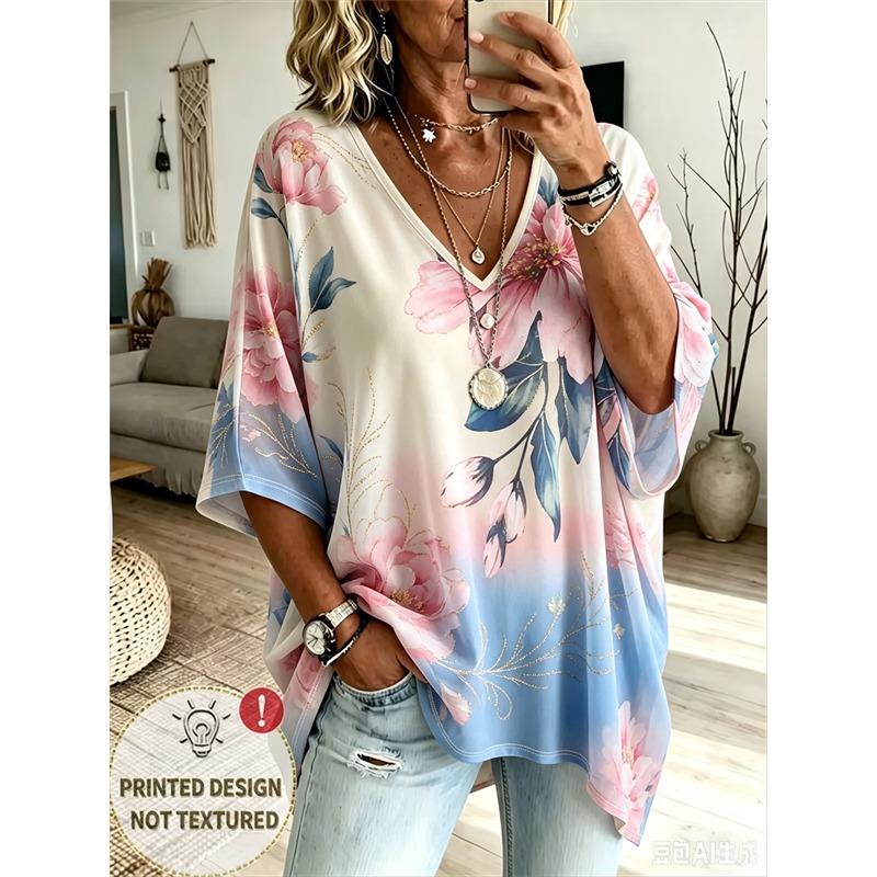 T-shirt da Donna Taglie Forti con Scollo a V e Maniche a Pipistrello Stampa Etnica Bohemien Top Largo Estivo Comodo Traspirante per il Pendolarismo Quotidiano Casual