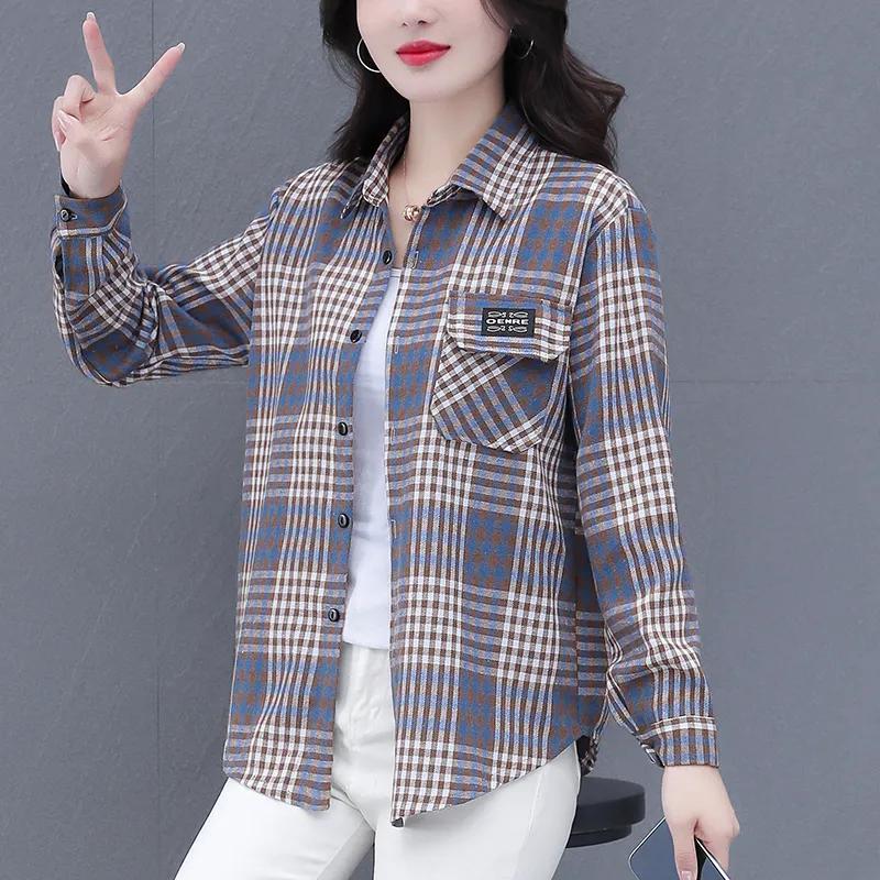 Checkered Long Sleeve Cotton Shirt for Women Fashionable Middle-aged Mother Spring Summer Autumn Trendy Casual Shirts Top