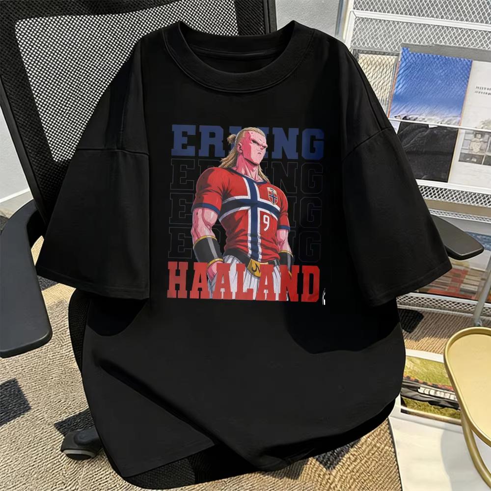Erling Haaland Norway Football Player Anime Style Tshirt Number 9 Jersey Short Sleeves Tees Vintage Cotton Printing Tshirt