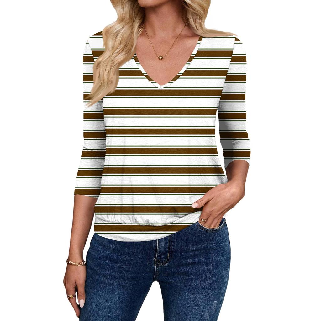 Dámský módní ležérní top s výstřihem do V a tříčtvrtečním rukávem s potiskem