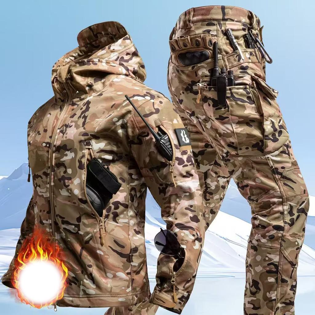 Tactical Waterproof Men Camo Set Soft Shell Fleece Winter Combat Suit Windbreak Warm Multi Pocket Outdoors Training Uniform