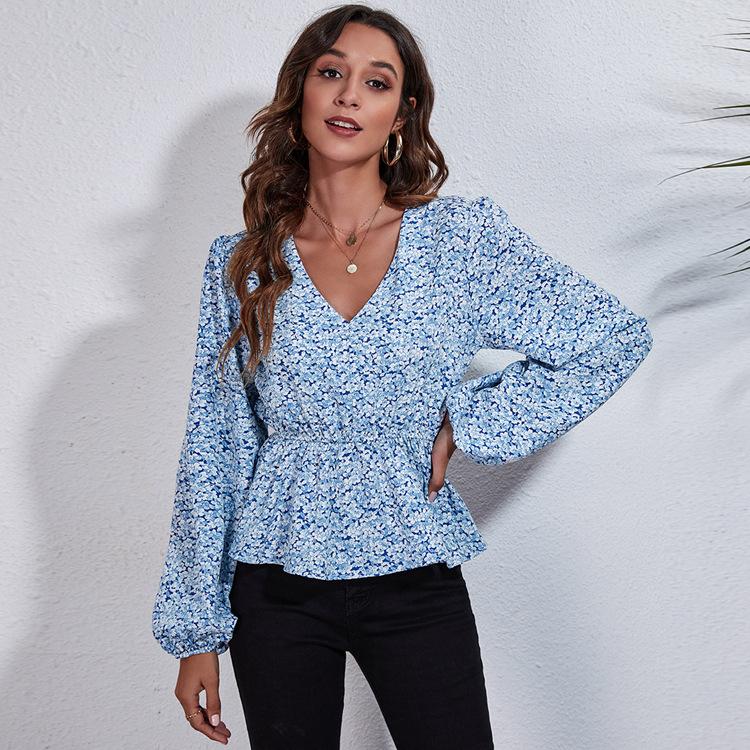 BITCED 19 Floral Checkered Chain Floral Checkerboard Printed Long Sleeve Chiffon Shirt for Women Spring and Autumn