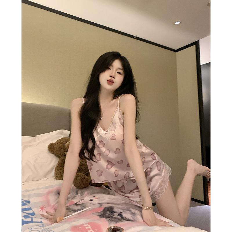 Sexy pajamas women's ice silk suspenders shorts pure desire wind love printed lace set summer new loungewear
