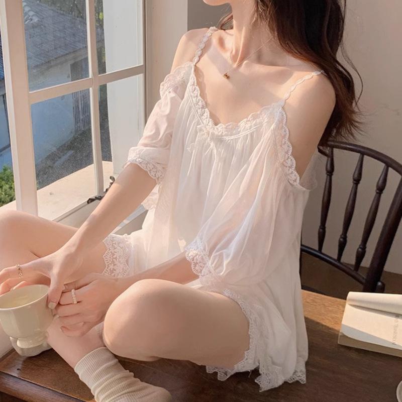 Summer Off-Shoulder Lace Princess Style Pajamas Women'S Suspenders Low-Necked Short-Sleeved Loungewear Sweet And Can Be Worn Outside