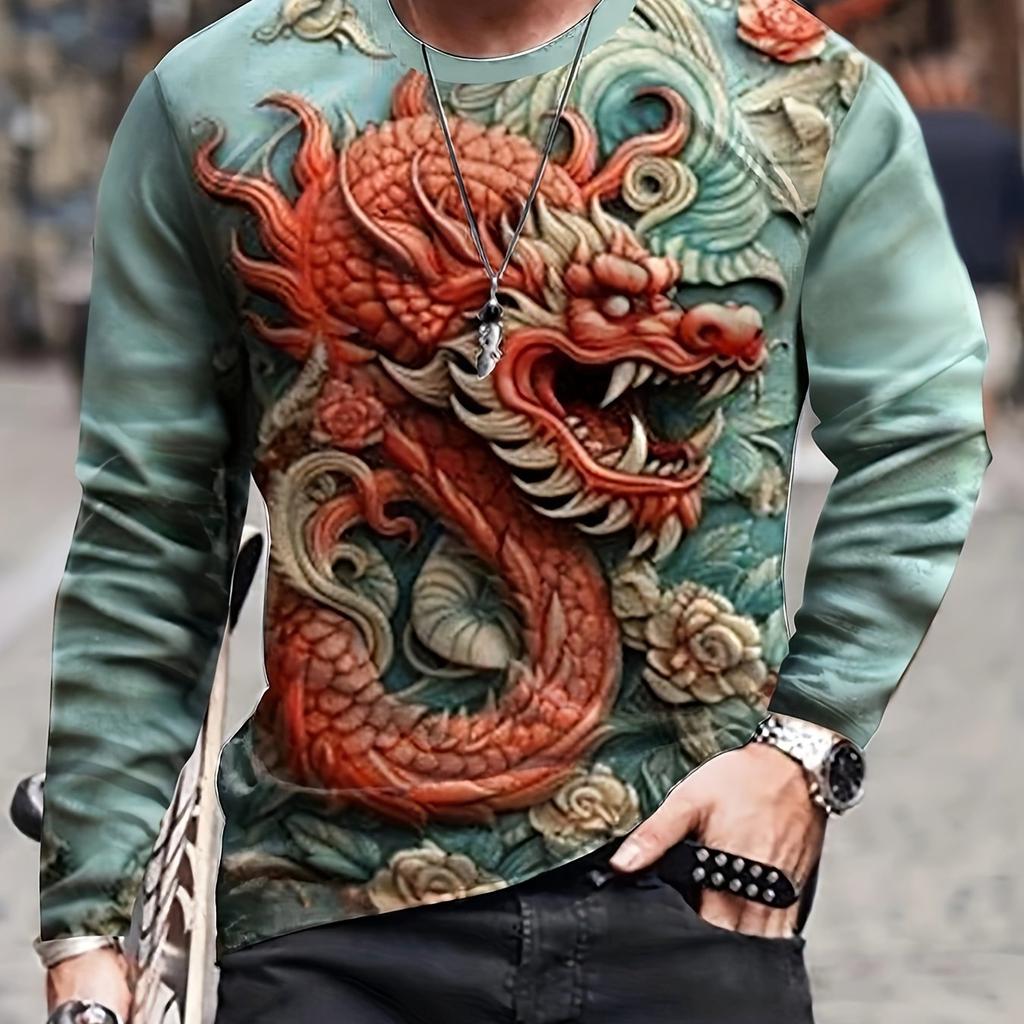 New Year Style Red Dragon 3D Print Men's Novelty Long Sleeve Crew Neck T-shirt Spring Fall Outdoor