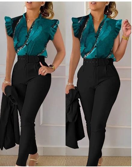 Two Piece Sets Women Outfits Elegant Single Breasted Short Sleeve Top Work Pants Casual Suit