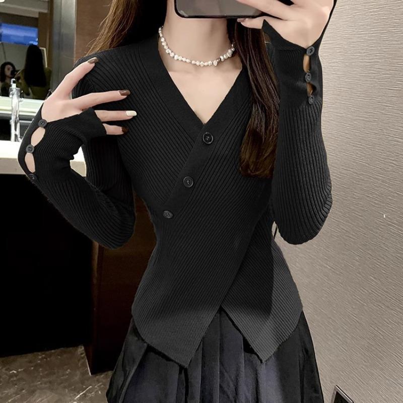 Irregular pure desire and thin, collar sweater crossed A waist slim split fork pullover knitted long-sleeved inner top