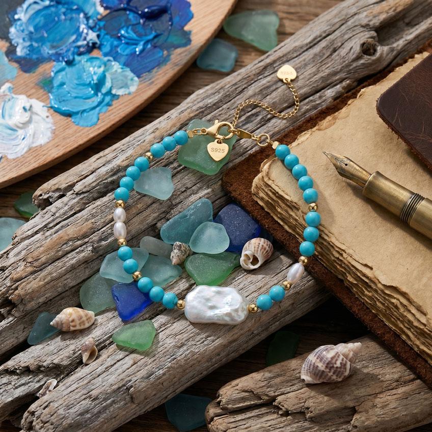 Natural Turquoise & Baroque Pearl Bracelet for Women, 18K Gold Plated, Boho Chic Bead Jewelry, Traveler's Amulet, Summer Vacation Gift