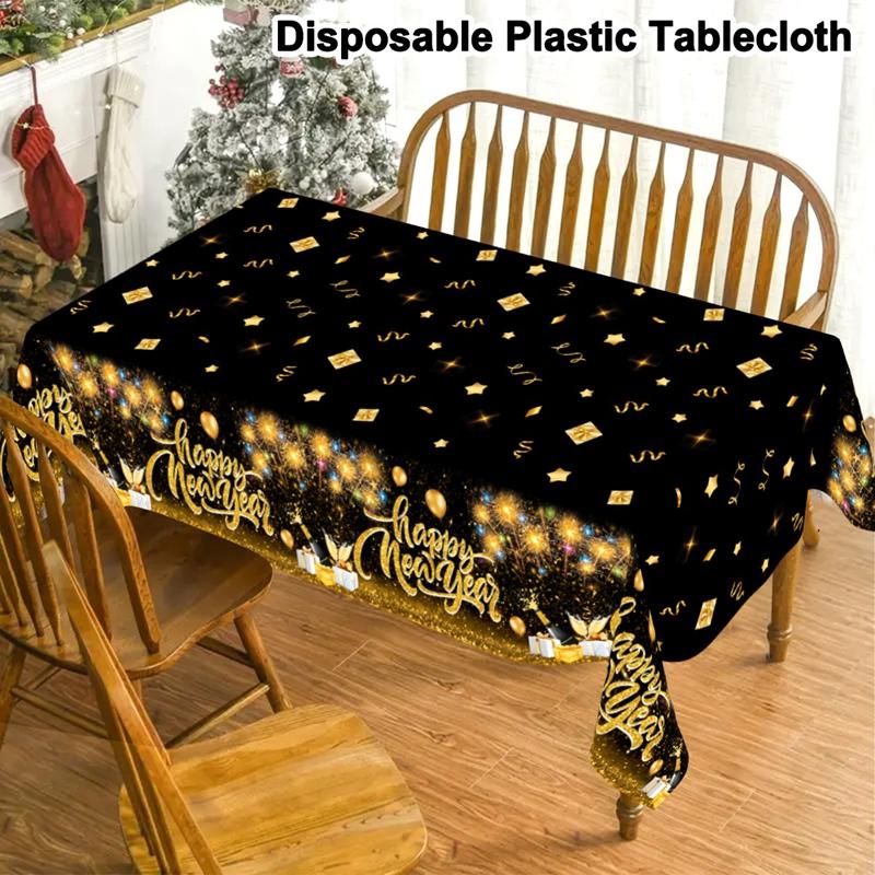 Black Gold New Year Disposable Tablecloth Happy New Year Party Decorations for Home 2026 Kitchen Dinning Plastic Table Cover