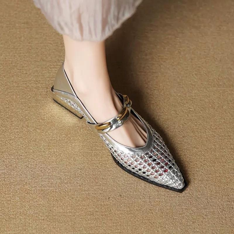 Fashion 2025 Summer French Low Heel Hollow Shallow Mouth Leather Square Head Women's Single Shoes