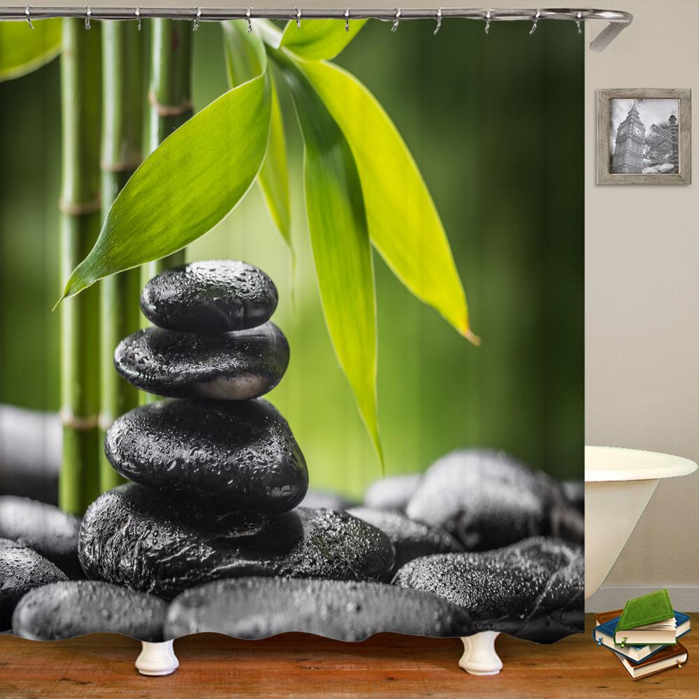 Zen Shower Curtain 3D Stone Running Water Flower Plant Shower Curtains Waterproof Mold Proof Curtain Washable Zen Shower Curtain