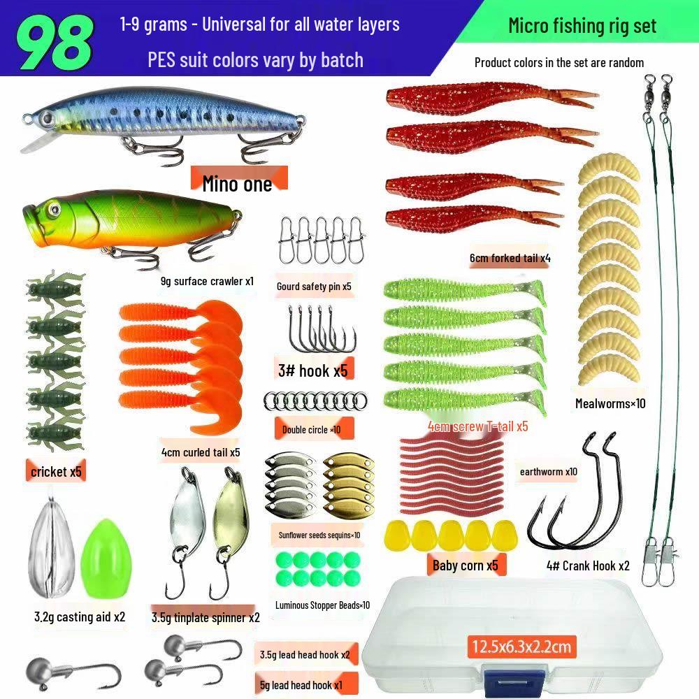 

Набір приманок і приманок: Включає м’які приманки, блискітки, перевернуті жаби та гольян