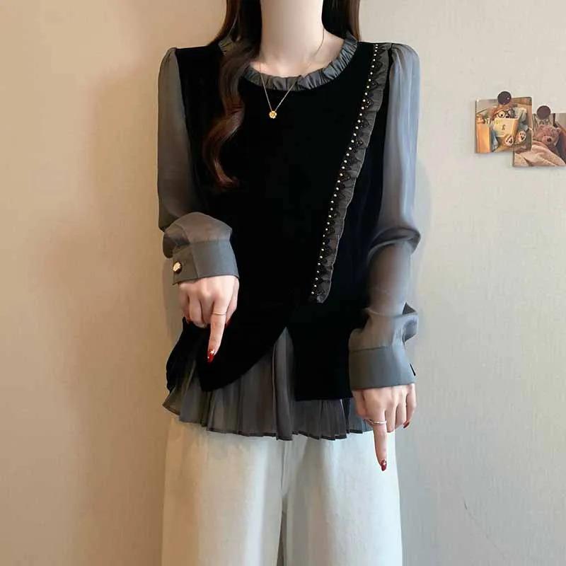Women Faux Two-Piece Velvet And Chiffon Blouse With Ruffle Trim L