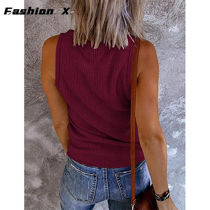 Summer New Europe and The United States Women's Buckle Knitted Undershirt Solid Color V-neck Sleeveless Blouse Female