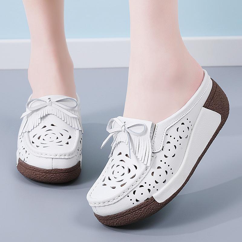Damen Sandalen mit Höhenabsatz Plateau Loafers Rot Slipper zum Hineinschlüpfen Lässige Clogs Blume Leder Weiße Schuhe für Mutter