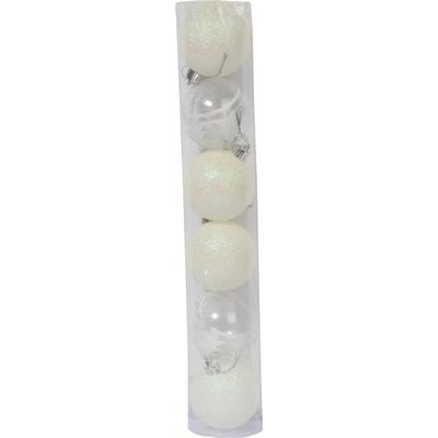 Set of 6 White Plastic Baubles with Glitter, 6 Cm