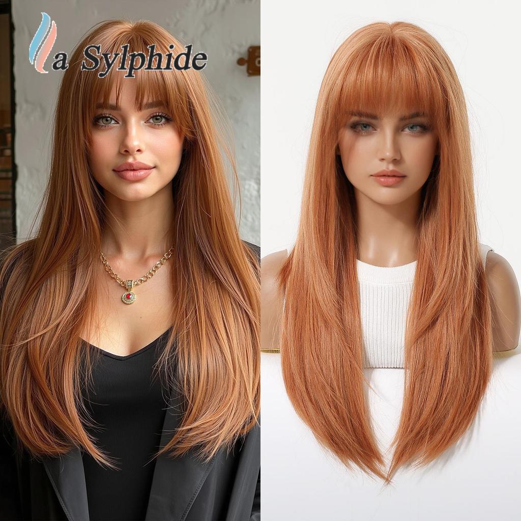 Women's Long Layered Curly Wig with Straight Bangs, Brown Highlights, Full Head Cover, Machine-Made with Chemical Fiber Rose Net, 2026 Hot Style.