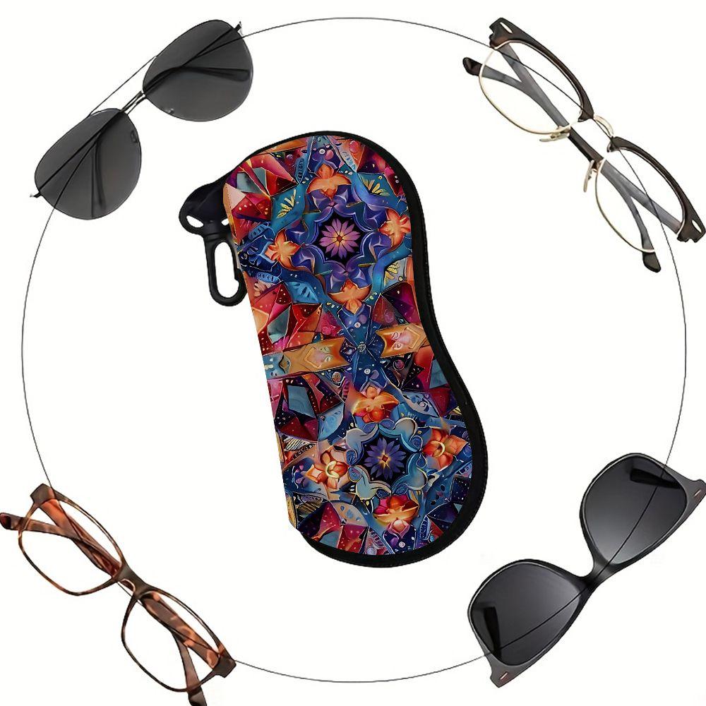 2D-Bohemian Geometric Floral Print Sunglasses Case, Vintage Kaleidoscope Pattern Eyeglass Pouch, Protective Zipper Eyewear Holder for Travel Gift
