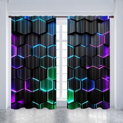 2pcs Futuristic Hexagon Pattern Printed Curtains, Digital Print Drapes Polyester for Living Room, Bedroom, Kitchen, Home Decor