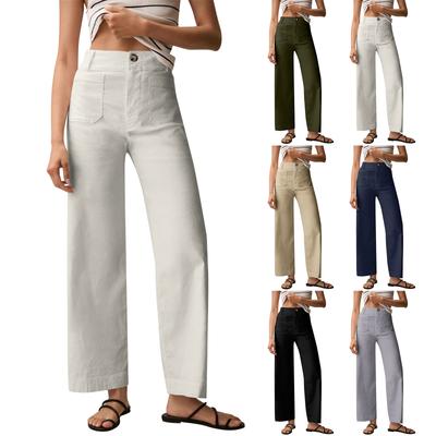 Dames Effen Kleur Casual Wijde Pijp Rechte Negenpunts Broek Met Zakken