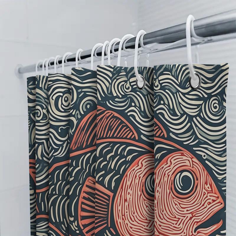 Vibrant Fish Shower Curtain Modern Bathroom Decor With Waves Pattern Perfect For Bathrooms Vanities Black Orange Red Fabric Prin