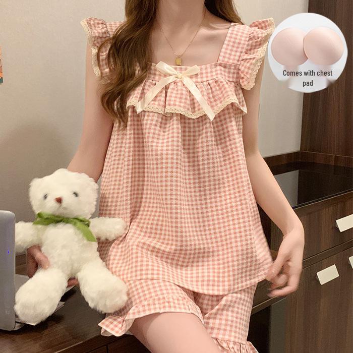 Women's Bubble Wrinkle Summer Plaid Pajama Set with Fixed Chest Pads - Sweet & Cute Homewear Suitable for Outdoor Wear