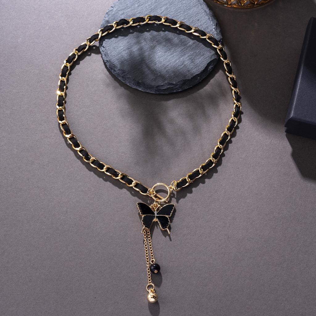 Cold Wind Black Butterfly Love Wrapped Flannel Collarbone Chain Fringed Necklace Lady