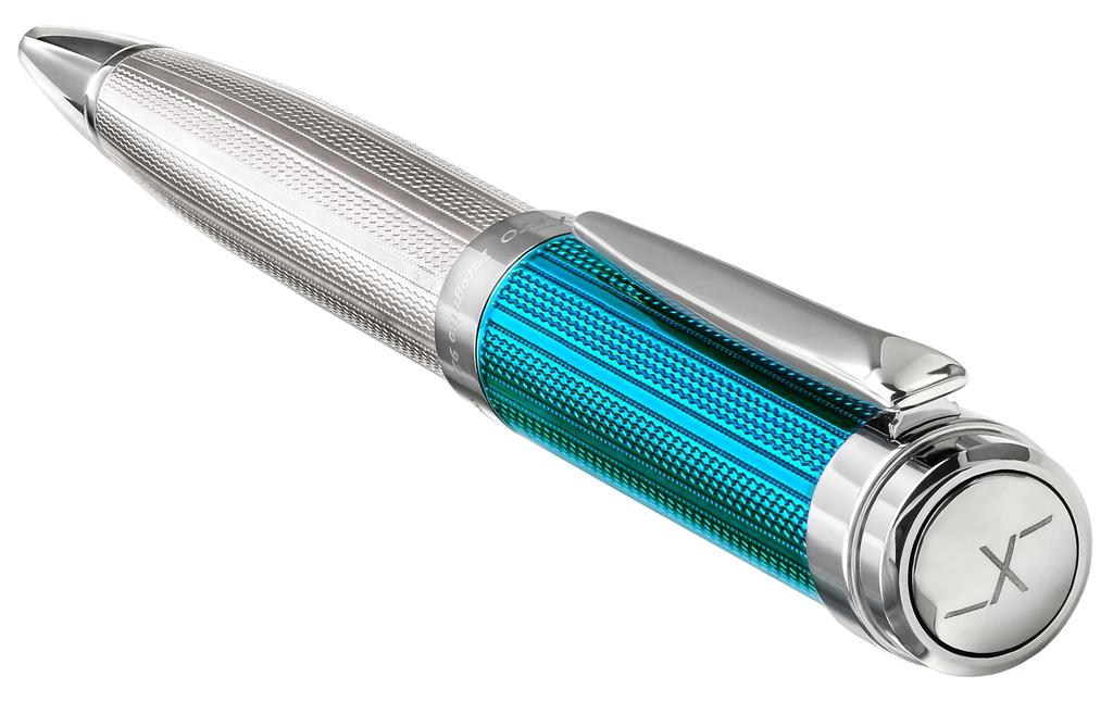 Xezo Incognito Twist Action Ballpoint Solid 925 Sterling Azure Blue Lacquer Platinum Diamond Cut Edition Pen, Silver, Cap.Pure Plated.Weight &