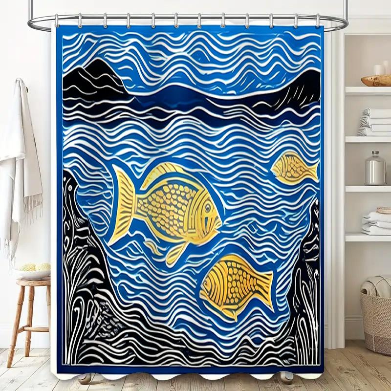 Luxury Blue Fish Print Shower Curtain Artistic Bathroom Decorations for Home Decoration Size72x84 inches (W x H)