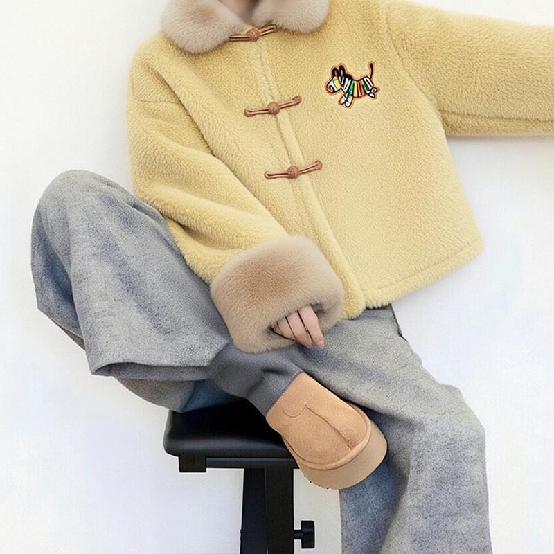 Women's Yellow Fox Fur-Lined Plush Lapel Coat - High-End, Eco-Friendly, Oversized Winter Style
