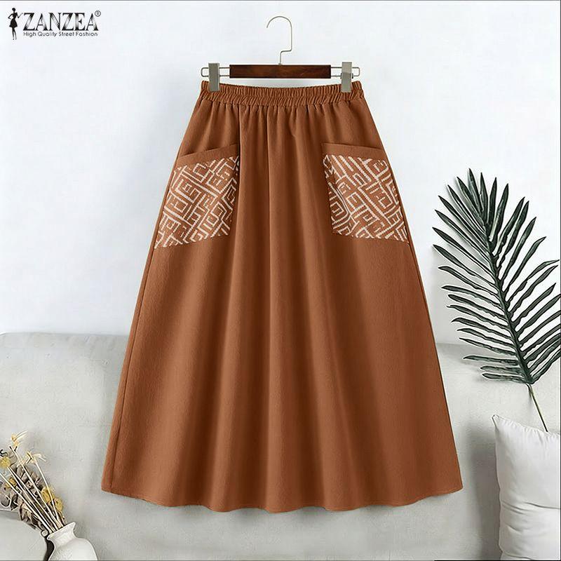 ZANZEA Vintage Women Elastic Waist Floral Print Patchwork Skirts Pleated Dress