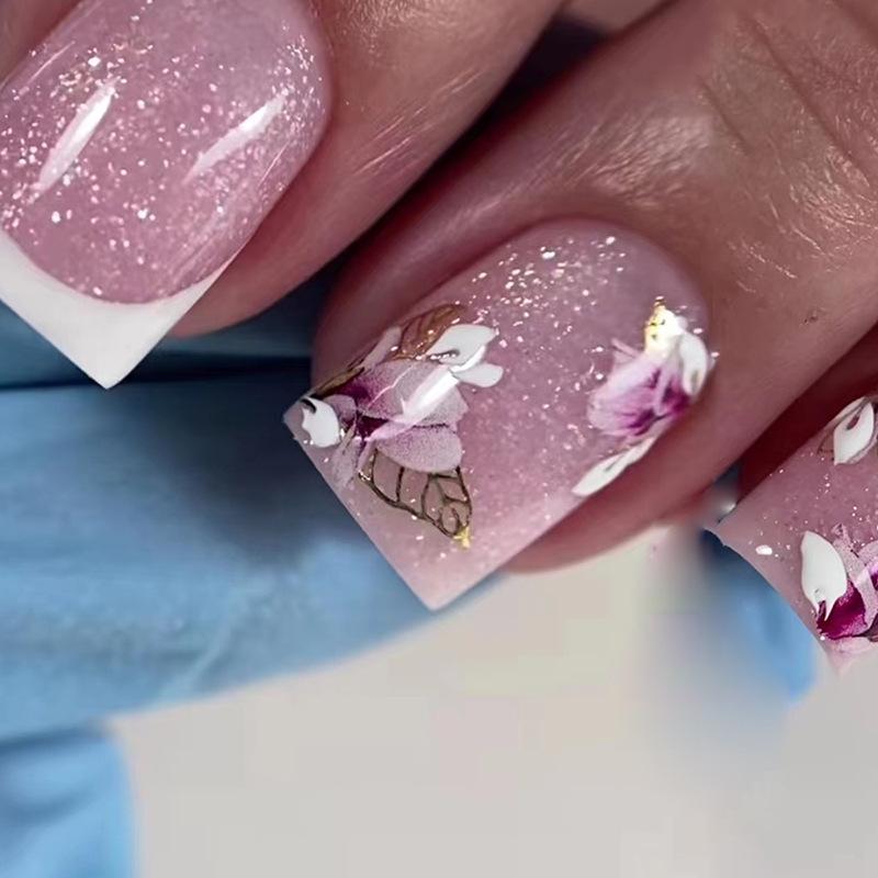 24Pcs Colorful 3D Flower Press On Nails Mid Length Ballet Square False Nails Fashion Wearable Manicure Tips