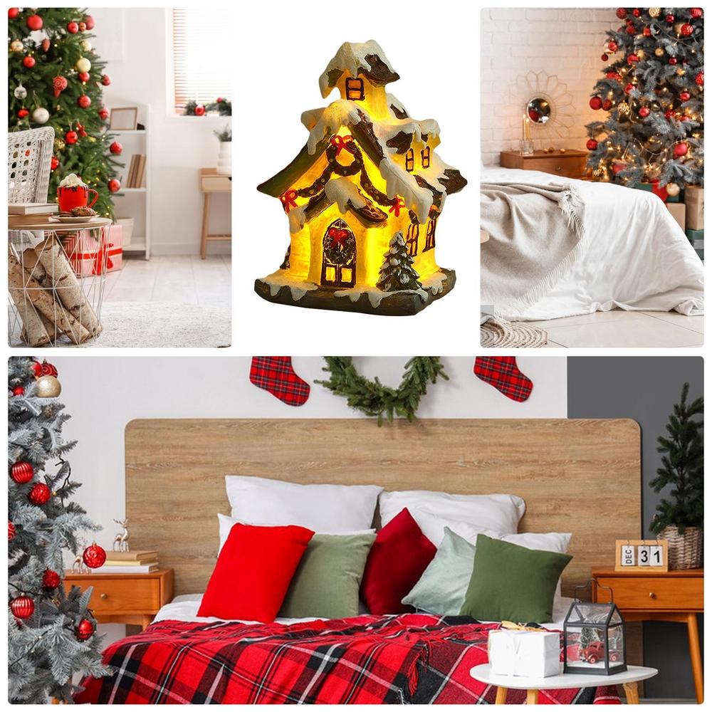 Lighted Christmas House Battery Operated Figurine Resin Christmas Glowing House Figurine for Winter Table Decoration