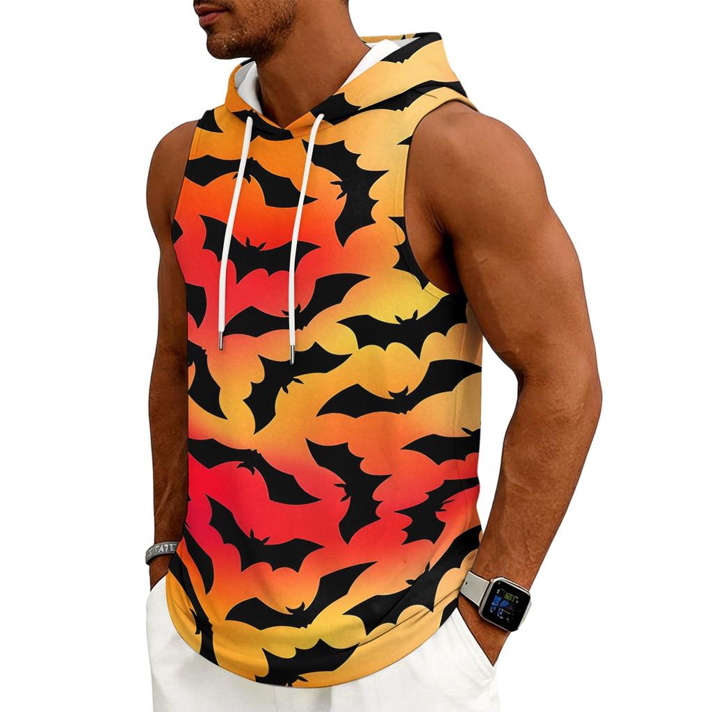 Men's Halloween Costume Hooded Vest, Sleeveless Drawstring Print Pullover for Party and Daily Wear
