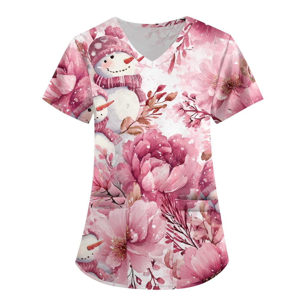 Women's Printing Uniform Work Uniform V-neck Pockets Basic Short Sleeve Pullover Top