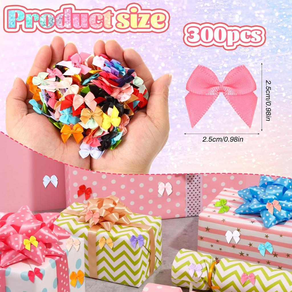 300 PCS Mini Satin Ribbon Bows Colorful Mini Bows 1" Tiny Crafts Bow Decoration 20 Colors Fabric Small Bow Cute Accessories for Crafts Gifts Party