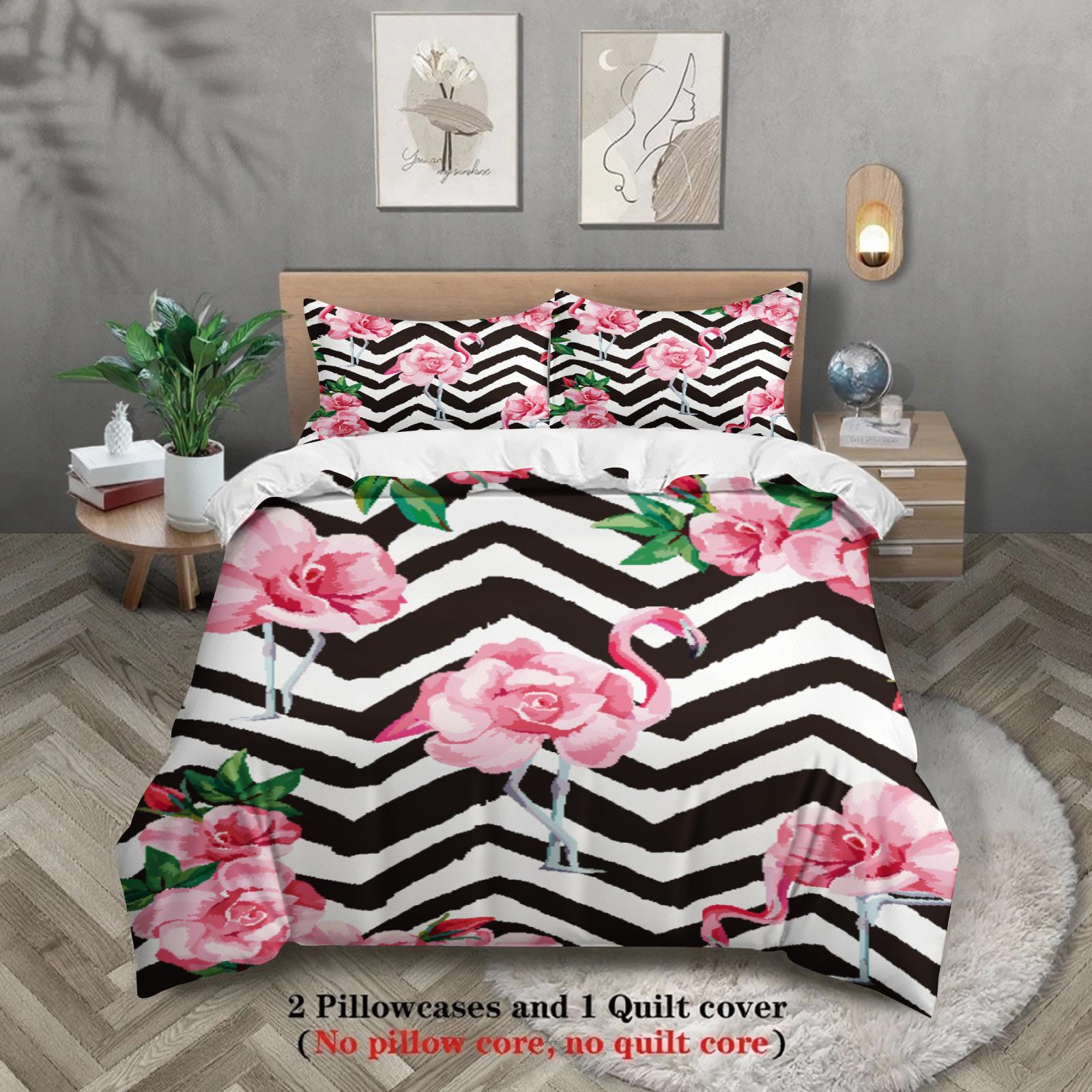 3Pcs Vivid Floral Duvet Cover With 2 Pillowcases Zebra Stripe 3D Printed Single Twin Queen Size 100% Polyester Quilt Cover Sets EU Twin(135x200cm)