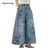 Plus Size Spring Summer Women Blue Jeans High Waist Floral Print Casual Loose Wide Leg Jeans Vintage Baggy Ladies' Large Size Jeans