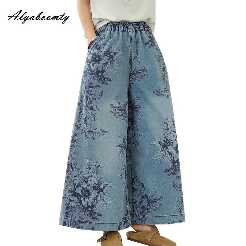 Plus Size Spring Summer Women Blue Jeans High Waist Floral Print Casual Loose Wide Leg Jeans Vintage Baggy Ladies' Large Size Jeans