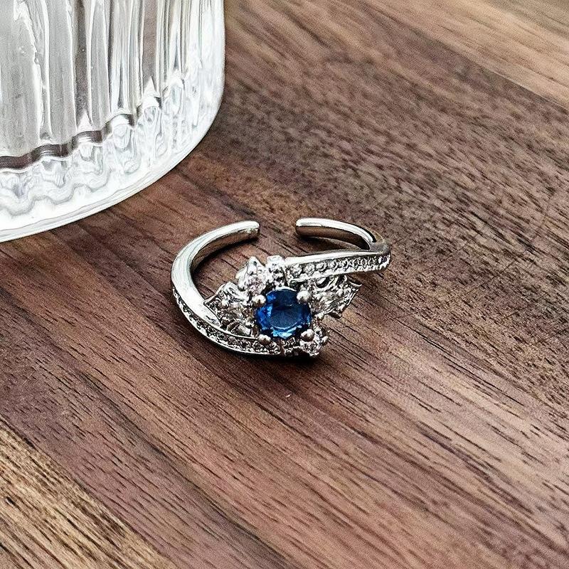 Sweet Light Luxury Sea Blue Zircon Super Flash Open Ring Niche High-End Feeling Stacking Wearing Colored Treasure Ring Woman