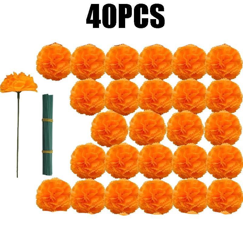 Silk Marigold Flowers 10-80PCS Artificial Orange Flowers for Day of The Dead Decor Diwali Festival Dia De Los Muertos