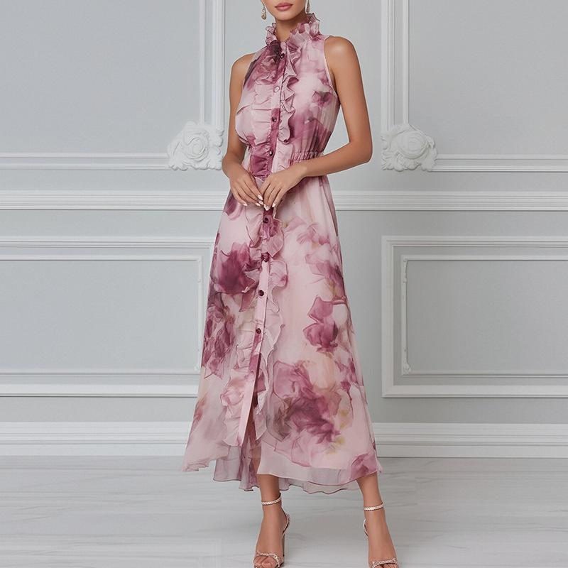 Spring New, Fashionable and Elegant Printed Wooden Ear Edge Sleeveless Dress