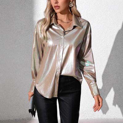 Ladies Spring Summer Lapel Solid Color Loose Long Sleeve All Match Blouse Shirt Top