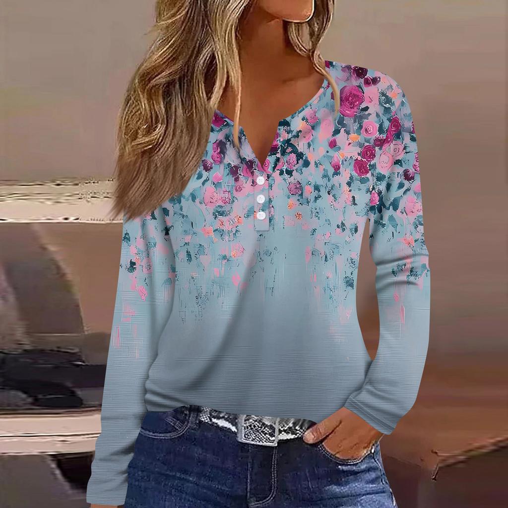 Damen T-Shirt mit V-Ausschnitt, lässig, Blumendruck, langärmelig, zum Zuknöpfen, langärmelig