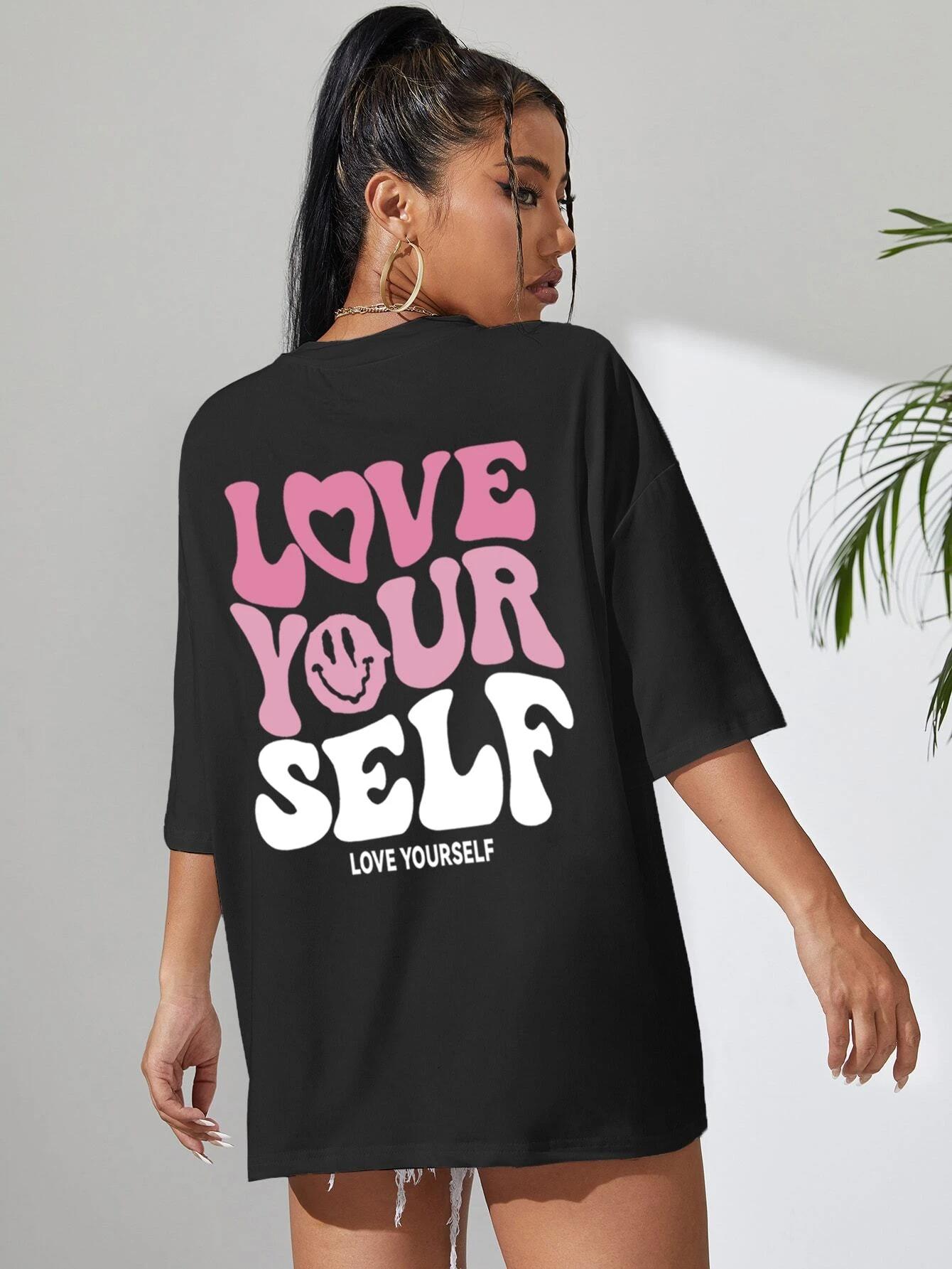 

Summer Fashion Women Cotton Tshirts Love Your Self Letter Prints Short Sleeve ONeck Loose Tops Street Casual Female Clothes S