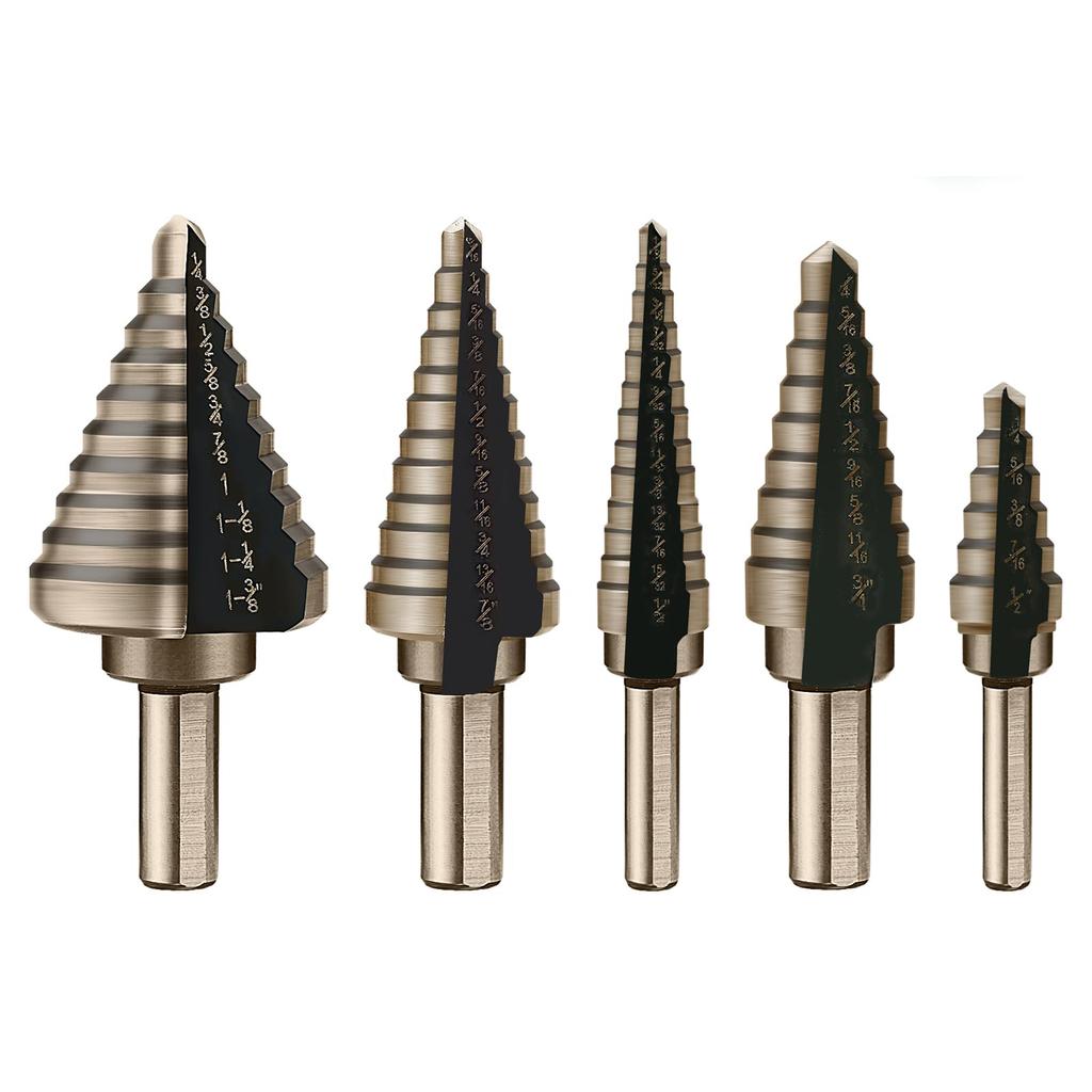 Step Drill Bits 5PCS HSS Titanium Step Drill Bit Set Covering 50 Sizes High Speed Steel Step Bits for Metal DIY Lovers
